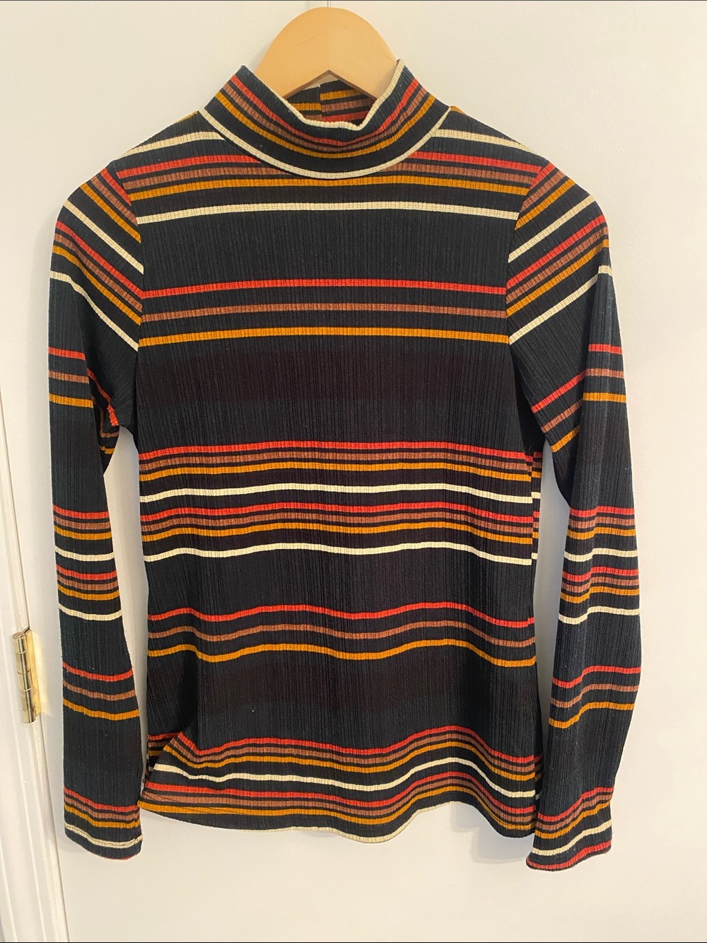 mts Black, Red, Orange, and White Striped Turtleneck Size S